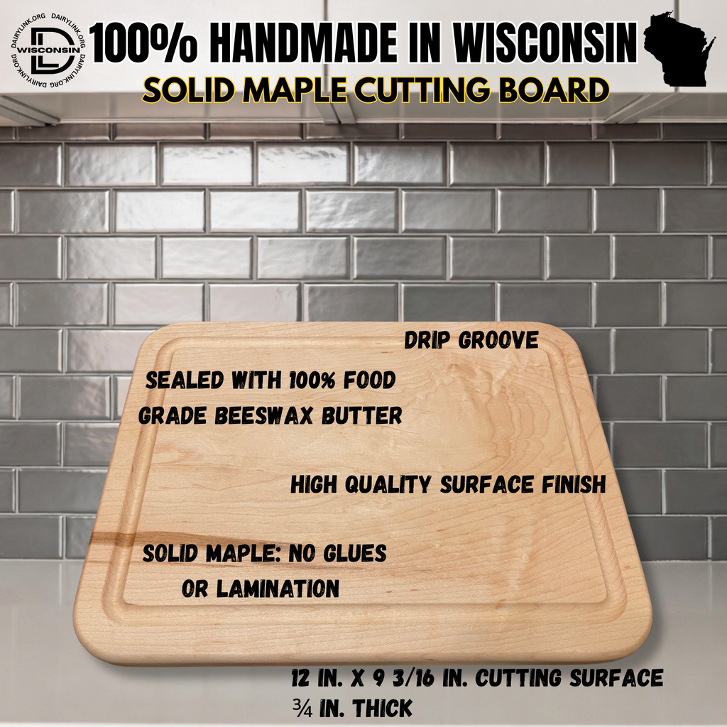 100% Made in Wisconsin Solid Maple Charcuterie Cutting Board 12″ × 9 3/16″