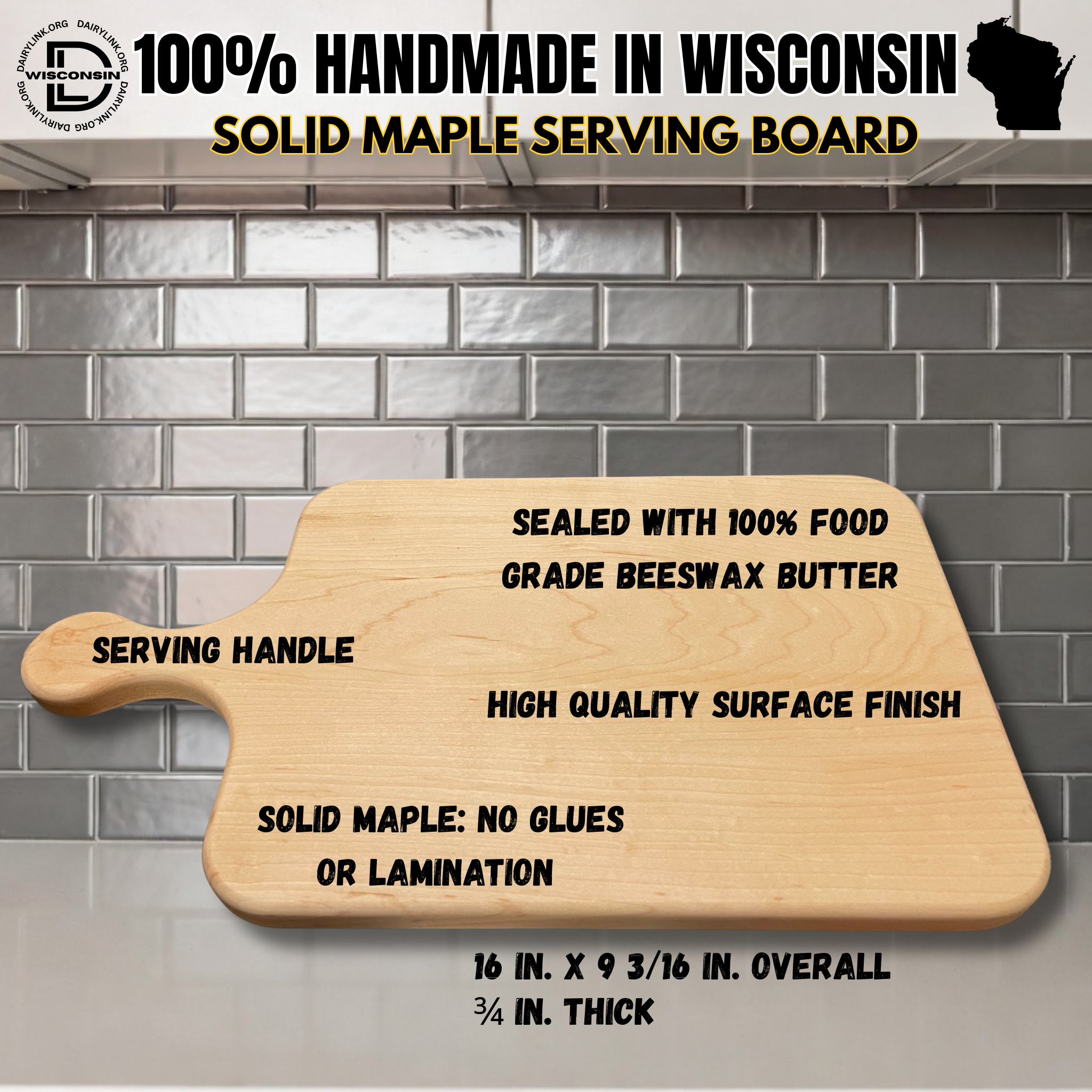 100% Made in Wisconsin Solid North American Maple Charcuterie & Serving Board